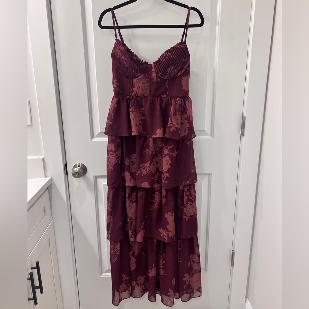 Birdy Grey Burgundy Floral Tiered Maxi Dress